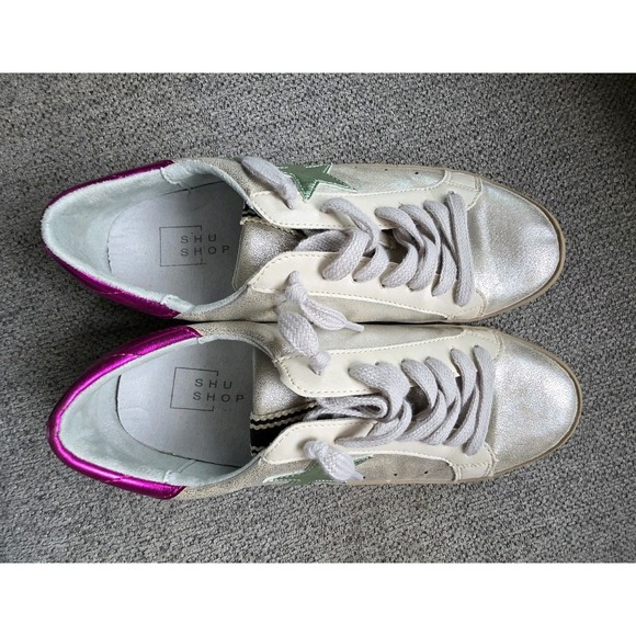 Shu Shop Paula Silver Distressed Shoes Sneakers Shiny Star US 7.5 - Picture 4 of 13
